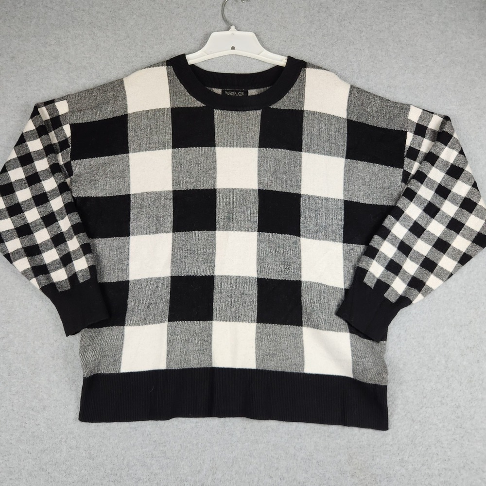 Rachel Zoe Sweater Womens XL Black White Buffalo Plaid Knit Crewneck Pullover